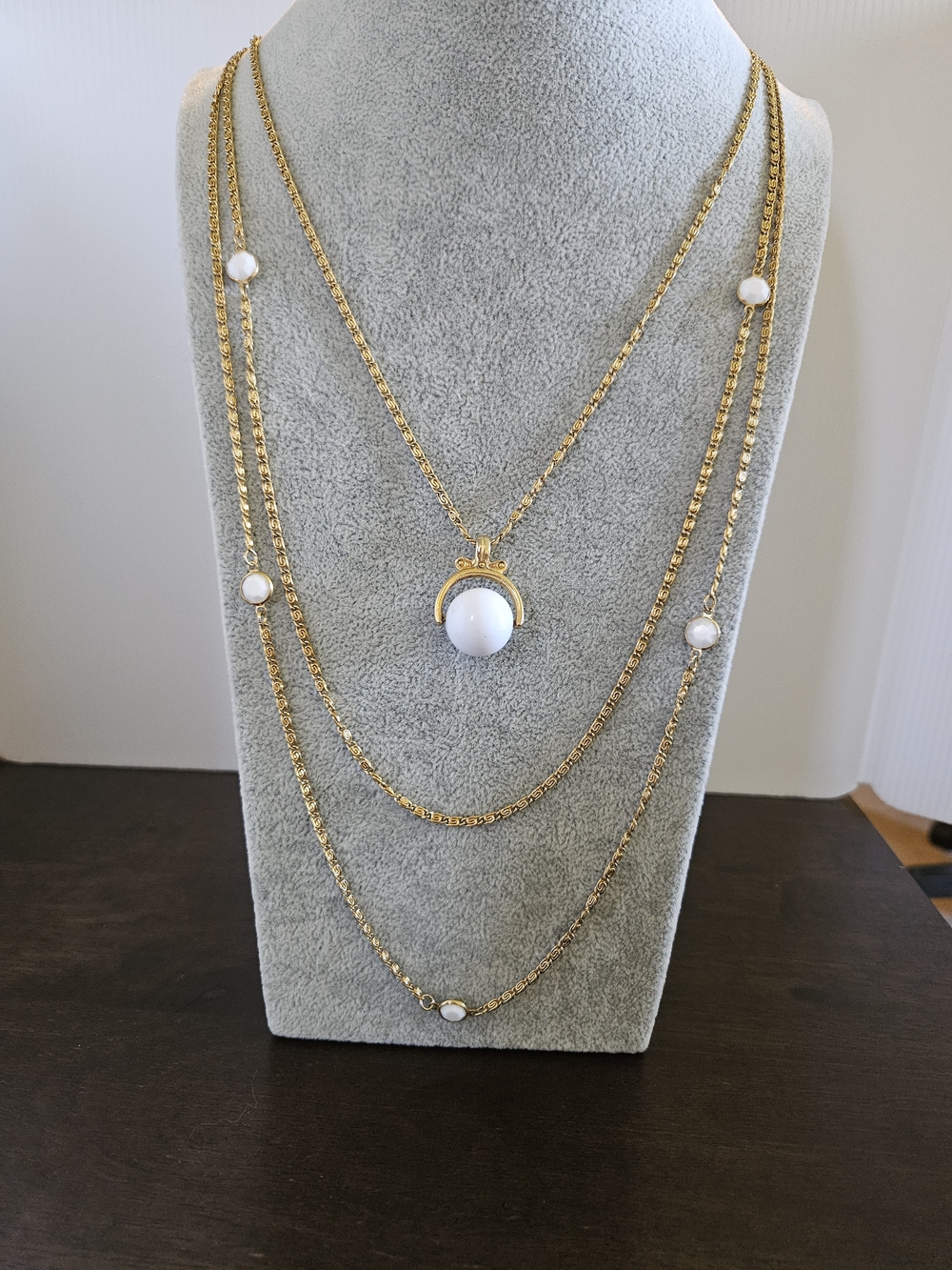 Vintage 60s Goldette Gold-Tone Layered Necklace with White Stone Accents